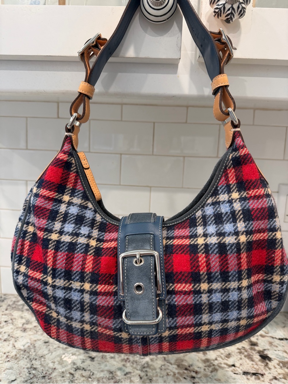 Plaid Wool Shoulder Bag with Buckle Detail - Red/Black